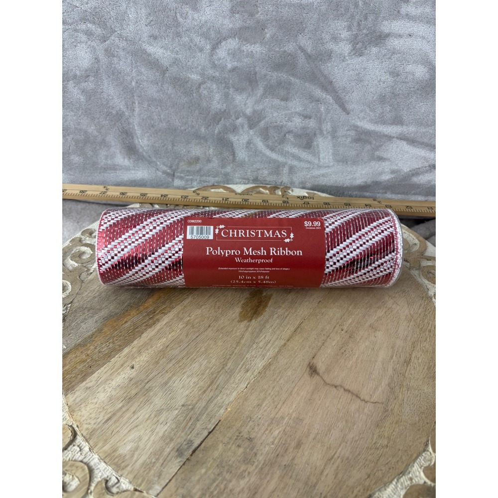 Christmas Polypro Mesh Ribbon Red White Striped Weatherproof 10in x 18ft CDM2200